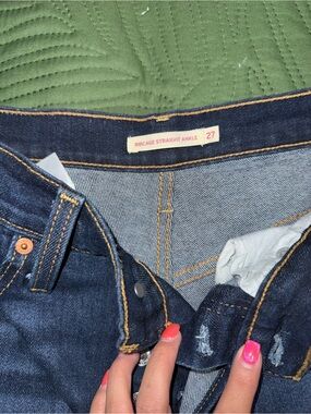 Levi's Ribcage Straight Ankle Jeans - Dark Blue with Gold Stitching
